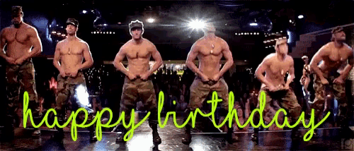 a group of men are dancing with the words happy birthday written on the bottom
