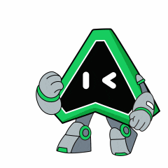a cartoon drawing of a robot holding a green triangle with the word yes above it