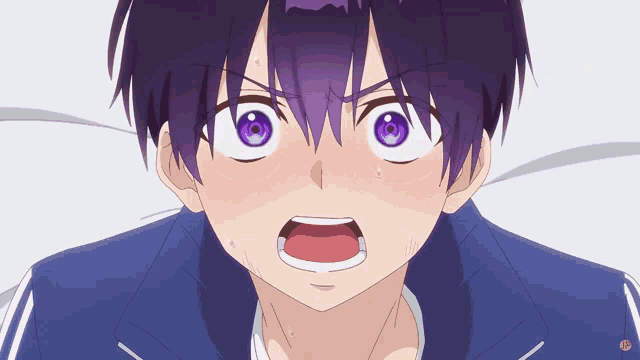 a close up of a person 's face with purple eyes and a blue jacket