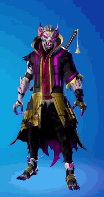 a man in a purple and gold outfit has a sword in his hand