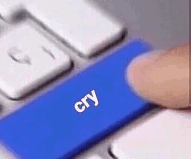 a person is pressing a blue button on a keyboard that says `` cry '' .