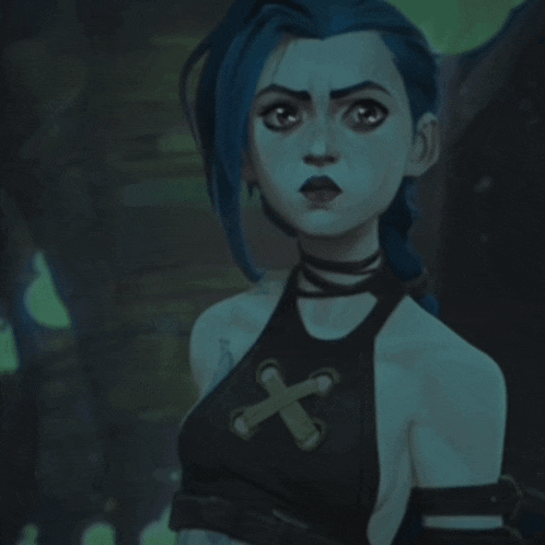a cartoon girl with blue hair and a black top with a cross on it