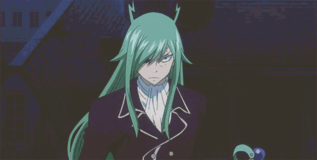 a close up of a cartoon character with green hair and blue eyes