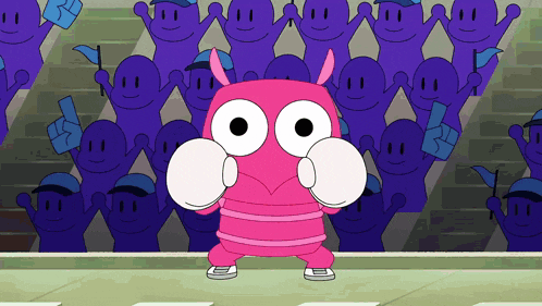 a cartoon character wearing boxing gloves is standing in front of a crowd