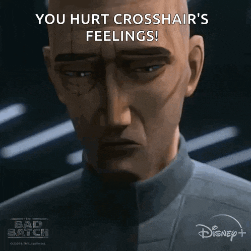 a close up of a person 's face with the words `` you hurt crosshair 's feelings '' written on it .
