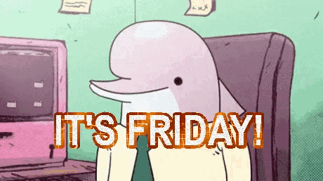 a cartoon dolphin is sitting in front of a computer with the words it 's friday