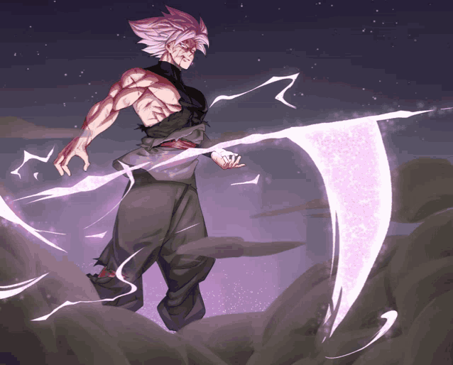 a drawing of a man with pink hair holding a sword