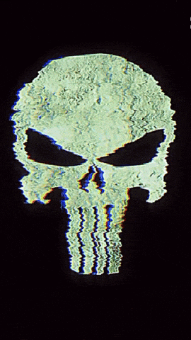 a punisher skull on a black background with a yellow glow