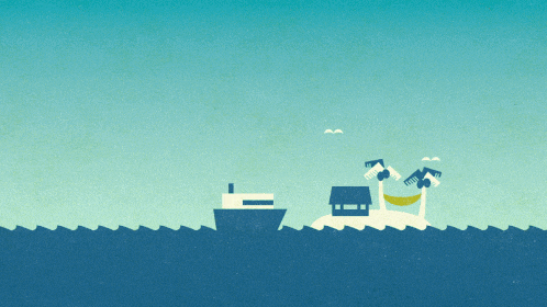 an illustration of a boat and a house on a small island in the middle of the ocean