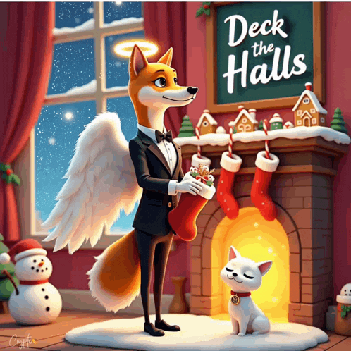 a fox with angel wings is holding a christmas stocking in front of a fireplace with stockings on it