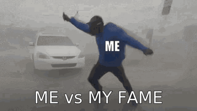 a man in a blue jacket is dancing in front of a car in the fog .