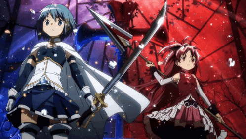 two anime girls holding swords in front of a purple and red background