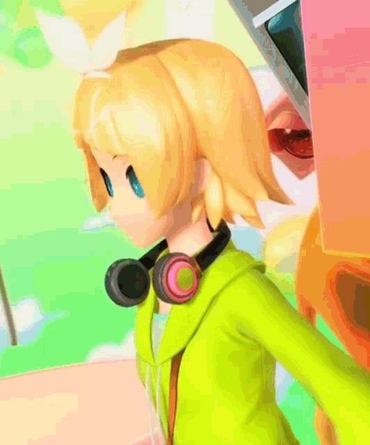 a girl with blonde hair and blue eyes is wearing headphones