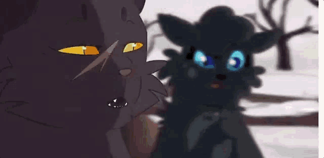 a cartoon cat with blue eyes is standing in the snow in front of a tree with glowing eyes .