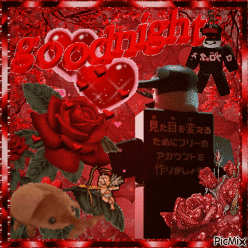 a picture with red roses and the words goodnight written in red