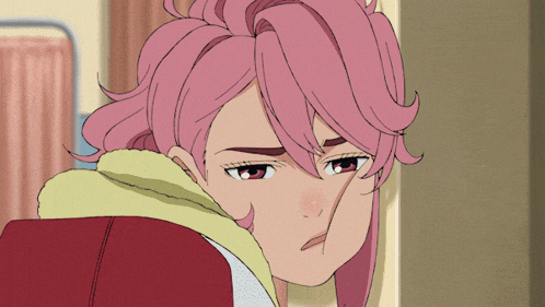 a girl with pink hair and red eyes is looking over her shoulder