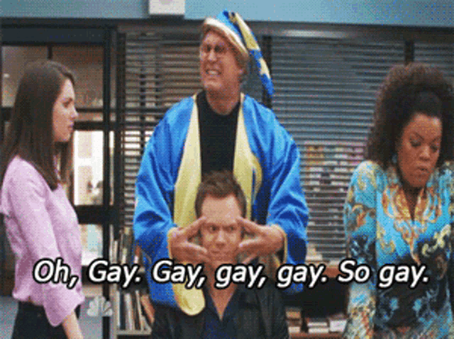 a group of people are standing around a man in a blue robe who is saying oh gay gay gay gay gay so gay
