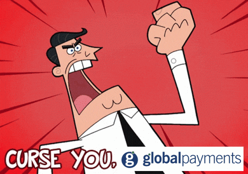 a cartoon character with a fist in the air and the words curse you global payments