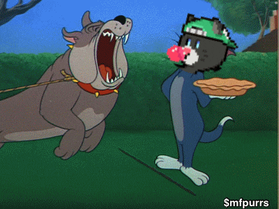 a cartoon of a dog and a cat with the caption smfpurrs on the bottom