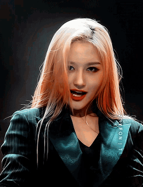 a woman with blonde hair is wearing a green jacket and red lipstick