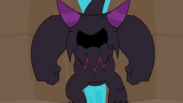 a cartoon drawing of a monster with purple horns and sharp teeth