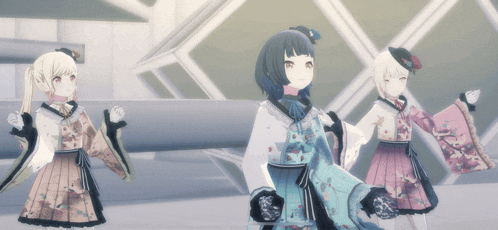 three anime girls are standing next to each other in a room