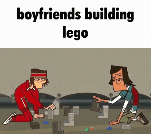 a cartoon of two boys playing with lego blocks with the caption boyfriends building lego