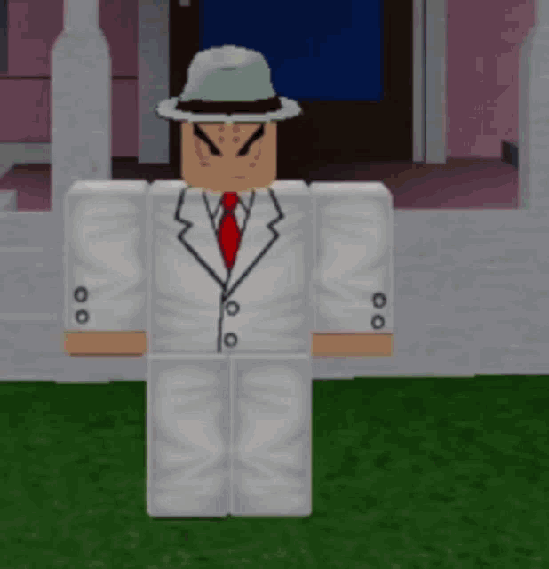 a roblox character wearing a white suit and hat is standing in front of a building .