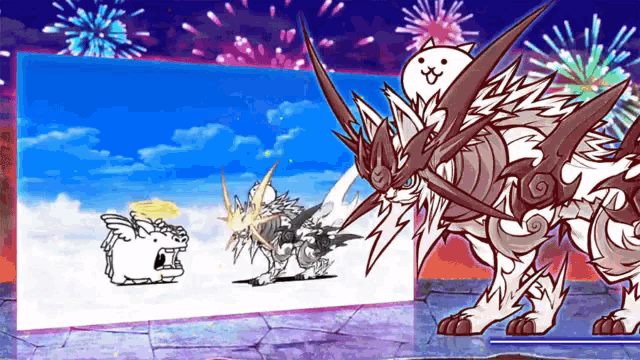 a cartoon of a cat and a dragon with fireworks in the background .