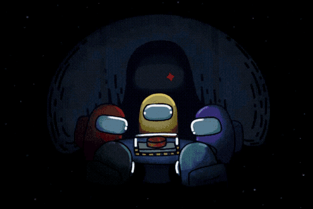a group of among us characters are gathered around a table in the dark
