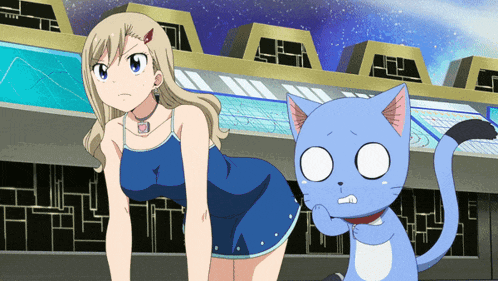 a girl in a blue dress stands next to a blue cat with a surprised look on its face