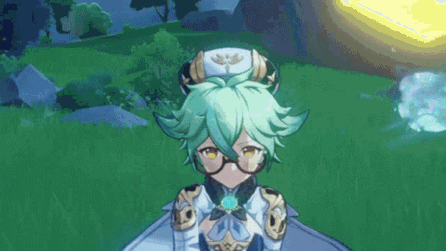 a cartoon character with green hair and glasses is standing in the grass .