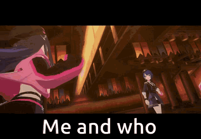 two anime girls are standing in a dark room with the words me and who below them
