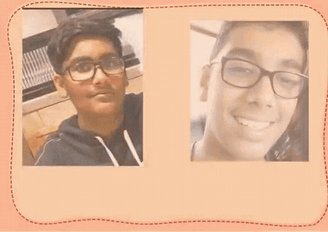 two pictures of a boy wearing glasses and a girl smiling