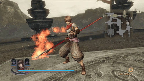 a video game screen shows a person holding a spear in front of a fire and says ko count on the bottom