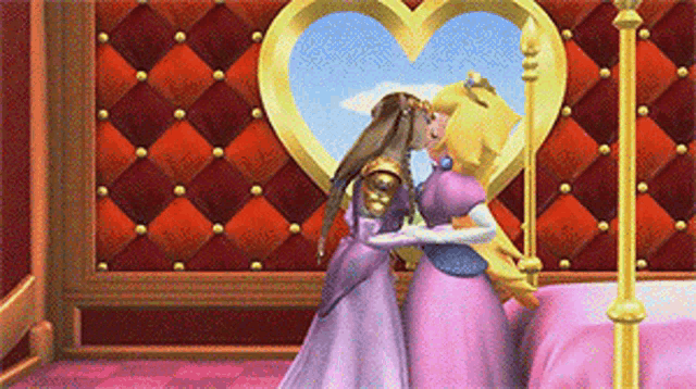 two princesses kissing in front of a heart shaped window in a bedroom