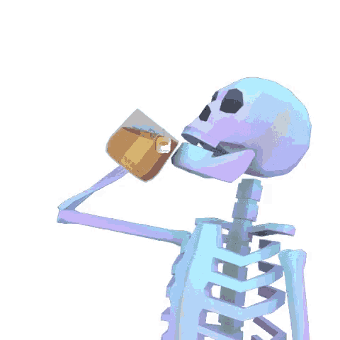 a skeleton is drinking a cup of tea from a mug .
