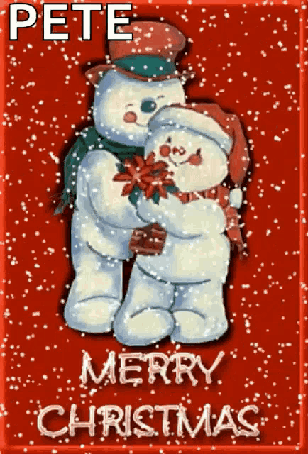 a merry christmas card with two snowmen hugging each other