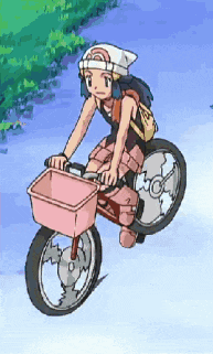 a cartoon girl is riding a bike with a basket on the front