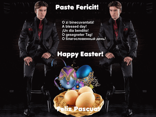 a happy easter greeting card with two men and eggs