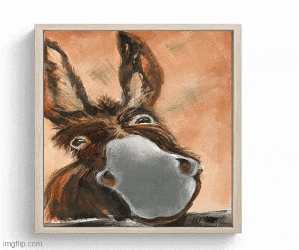 a painting of a donkey in a wooden frame with a white background