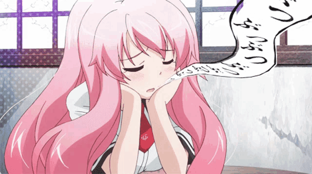 a girl with pink hair is sleeping with a speech bubble that says " fufu "