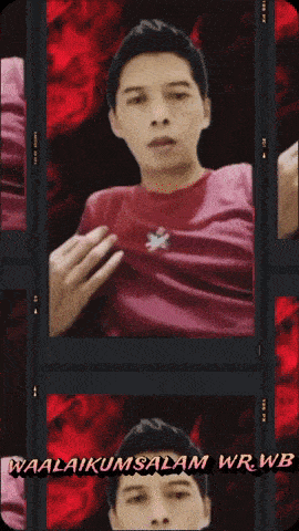 a man in a red shirt with the words waalaikumsalam wrwb written below him