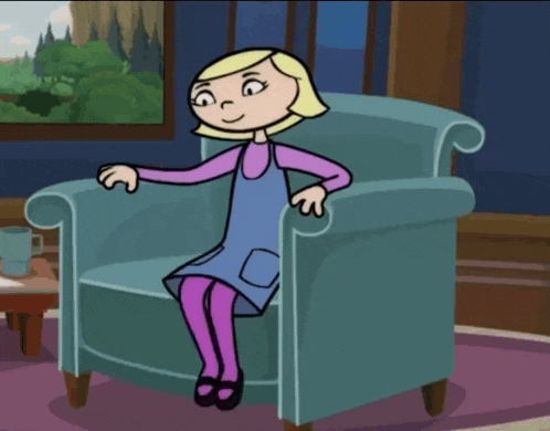 a cartoon girl is sitting in a chair and smiling