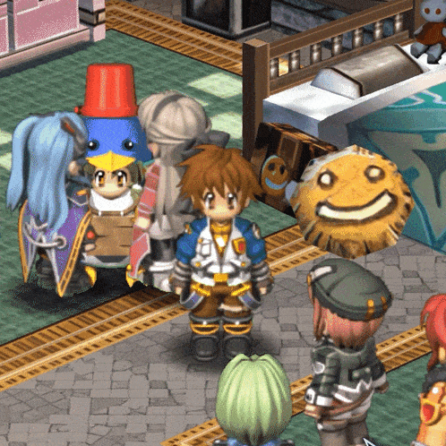 a group of cartoon characters are standing in a room