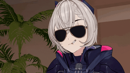 a girl wearing sunglasses and a cat ear is smoking a cigarette