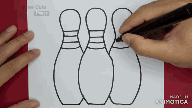 a person is drawing three bowling pins on a piece of paper made by animatica