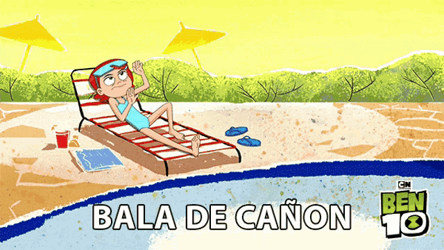 a cartoon of a girl laying on a lounge chair next to a pool with the words bala de canon beneath her