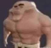 a cartoon character without a shirt is standing in front of a dark background .
