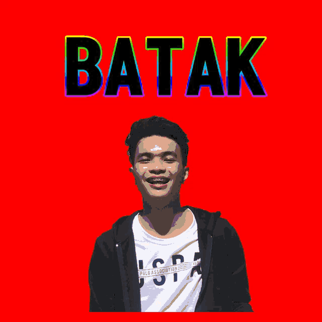 a young man with braces on his teeth stands in front of a blue background with the word batak above him